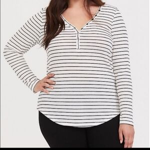 Torrid 1X Waffle Knit Long Sleeve Button Striped Top Shirt